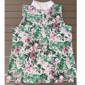 Tommy Bahama Golf Womens Sleeveless Polo Shirt Tropical Floral Print Sz L UPF